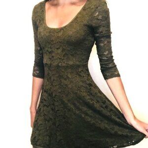 Free People Olive Green Lace 3/4 Sleeve Skater Dress